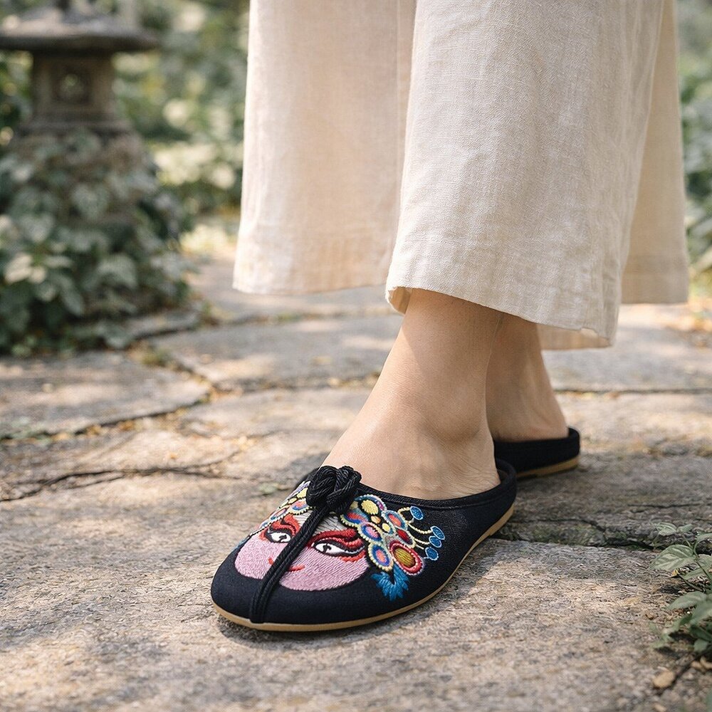 Artistic Stitching Embroidered Owl Backless Flats Asian-Inspired Art Design